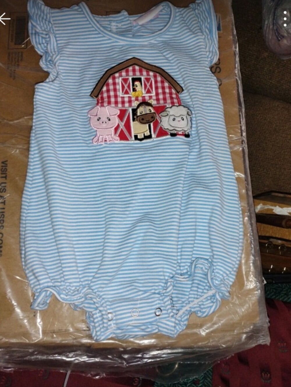 Stitches Fish Farmhouse Blue Stripe Baby Romper
